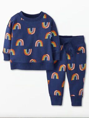 Hanna Andersson French Terry Sweatshirt and Jogger Pants Set Retro Rainbows Navy